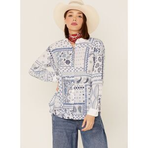 Johnny Was Vanya Schiffu Oversized Shirt Women's L White Blue Embroidered Boho